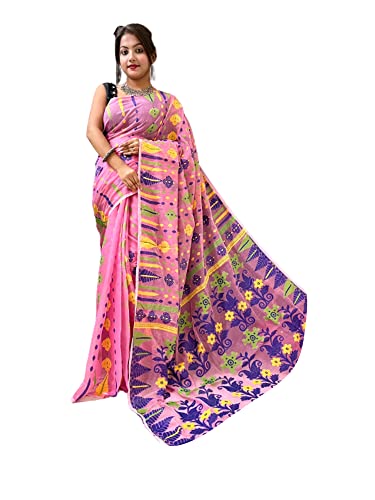 Sari Jamdani rosa con pallu Phulkari para conectar con la magia textil de la India