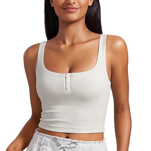 Image of CRZ YOGA Ribbed Henley Crop Tank Tops | Medium Support, Removable Pads, Casual, Square Back, Wide Straps, Longline Sports Bras for Women