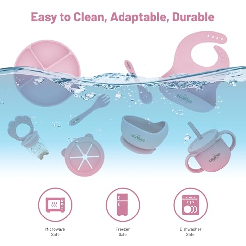 Baby Feeding Set with Lunch Bag – Silicone Suction Plate, Bowl, Cup, Fruit Feeder, Fork & Spoons – BPA Free, Non-Slip, Dishwasher Safe, Toddler Dinnerware Gift Set (Pink) by cocokido - Image 8
