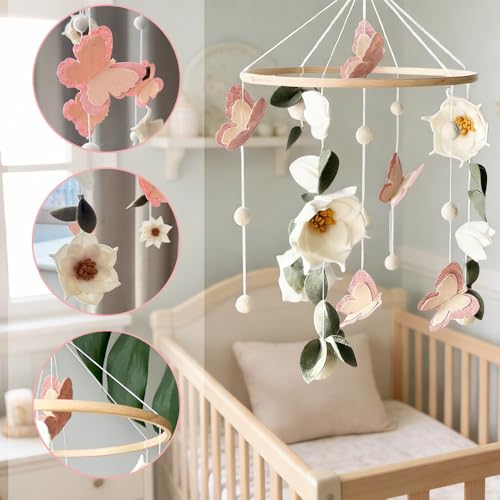 Baby Mobile Blumen & Schmetterlinge, Mobile fürs Babybett und Wickeltisch, Babyzimmer Deko mit Waldmotiv, liebevolles Baby Windspiele Geschenk für Jungen und Mädchen