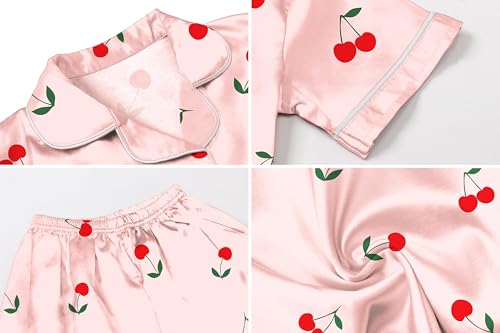 Image of Umeyda Women & Girls Pajamas Set, Soft Satin Lightweight Silk Button-Down Top with Shorts 2 Piece PJS for Mom Boys Kids Gifts