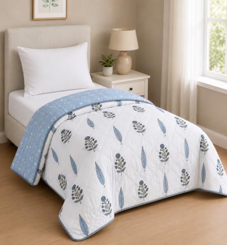 Image of RRC Single Bed Jaipuri Quilt | White & Green Floral Print Cotton Rajai | 200 GSM Lightweight AC Quilt | Soft Breathable Summer Comforter | Pack of 1