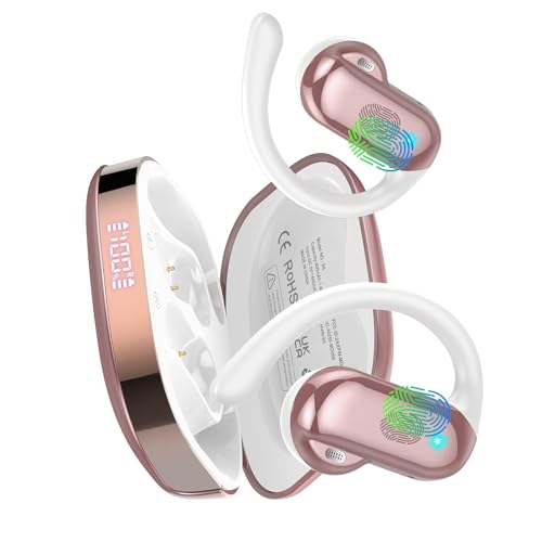 DUSONLAP Open-Ear Auriculare Inalámbricos Deportivos, Auriculares Bluetooth 5.4 HiFi Estéreo para Running/Ciclismo, 32H Cascos Inalambricos con HD Mic, Pantalla LED, Control Táctil, Oro Rosa