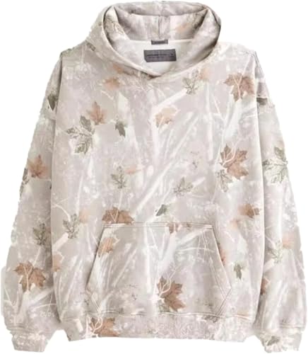 Men Camo Hoodie, Camo Leaf Printed Essential Hoodies, Comfort Trendy Sweatshirt with Pockets, Long Sleeve Loose