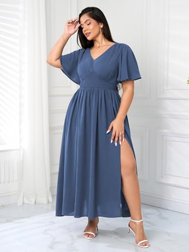 SCOMCHIC Women Plus Size Maxi Formal Dresses Wedding Guest Cocktail Short Sleeve V Neck Smocked Slit Long Flowy Dress3