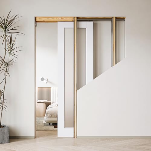 Image of Frosted Glass 1-Lite Sliding Pocket Doors White Standard Door with Hardware Kit Set,24 inchx80 inch