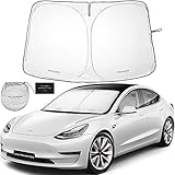 Autoamerics 1-Piece Windshield Sunshade Specially Designed for Tesla Model 3 and Y - Best Foldable Lightweight M3 Sun Shield - Car Front Window Heathshield Sun Shade - Premium Tesla Auto Accessories