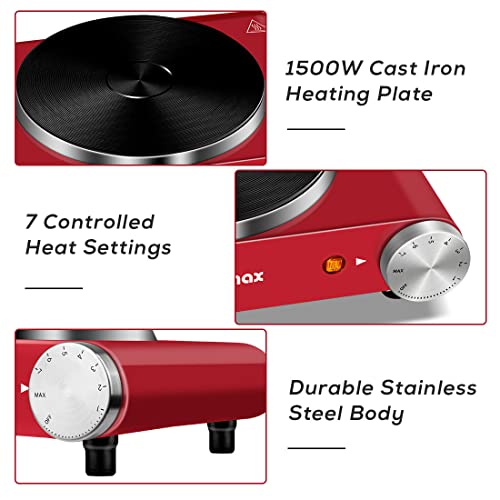 Hot Plate, Cusimax Electric Hot Plate 1500W Hot Plate For Cooking Electric Stove Single Burner With Heat-Up In Seconds Adjustable Temperature Control Stainless Steel Body Red, Your Kitchen Assistant #TOP2