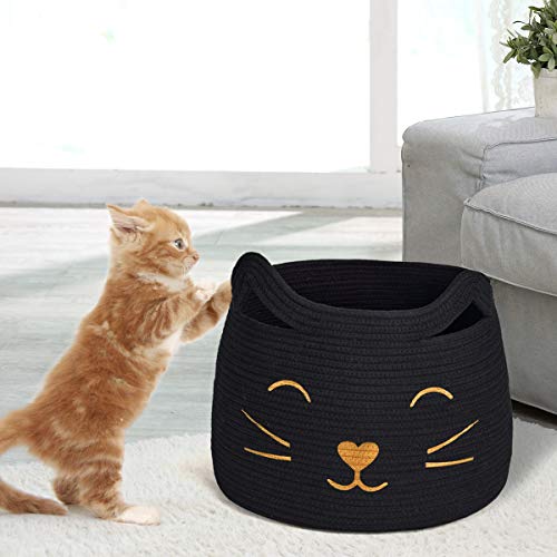 Image of Large Woven Cotton Rope Storage Basket, Laundry Basket Organizer for Toys, Blanket, Clothes, Towels, Gifts | Pet Gift Basket for Cat, Dog - 15.7 inch Lx13 inch Wx13.4 inch H, Black
