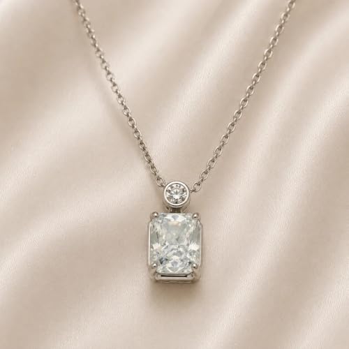 Image of Impression White 925 Sterling Silver Rhodium Necklace for Women | Emerald-Cut Clear AAA Cubic Zirconia Pendant with Round CZ Accent Chain | Anniversary Birthday Jewelry Gift for Girlfriend, Sister, Wife