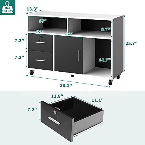 Yitahome Wood File Cabinet, 2 Drawer Mobile Lateral Storage Cabinet Printer Stand With Lock And Open Storage Shelves For Home Office, White,Drawers Without Hanging Bars #TOP5