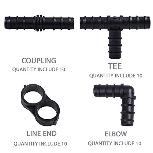 Uratot 40 Pieces Drip Irrigation Fittings Kit 1/2" Tubing Set, 10 Tees, 10 Couplings, 10 Elbows And 10 End Cap Plugs Drip Irrigation Barbed Connectors For Drip Sprinkler Systems #TOP1