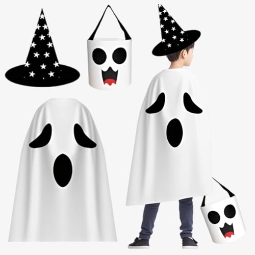 SYTTNUM Disfarce branco fantasma capa, capa de Halloween para Cosplay, bolsa fantasma e chapéu mágico, bruxa para crianças fantasia, Ghost abóbora conjunto de papel - 3 unidades