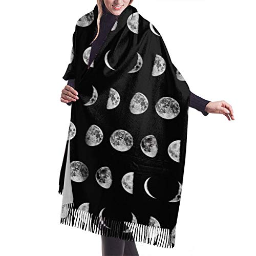 Women Girls Super Soft Moon Phases Pashmina Scarf With Tassel Luxury Cashmere Blend Shawl Wrap Over Size Blanket Scarf For Party Wedding Travel