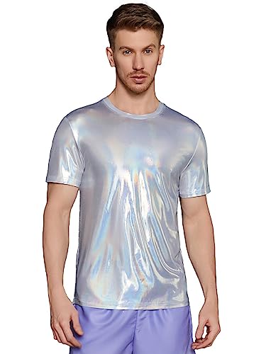 WDIRARA Men's Holographic T Shirt Short Sleeve Round Neck Shiny Party Clubwear Tank Top Silver M