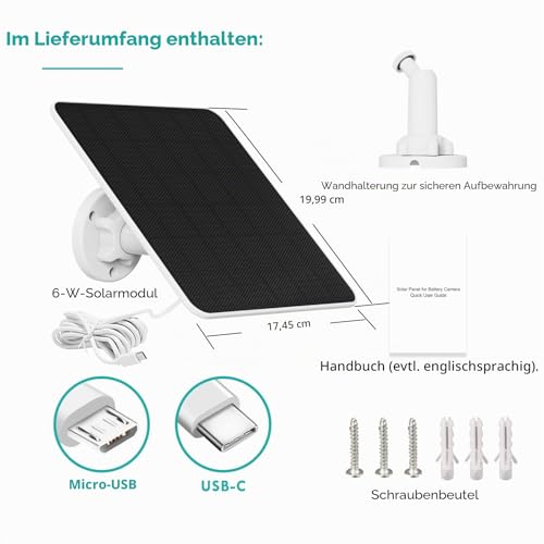 6W Solarpanel für Akku Überwachungskamera Aussen, 5V Solarpanel-Ladegerät für Wiederaufladbare Kamera, IP65 wasserdichte Solarpanels mit Verstellbarer Sicherheits-Wandhalterung(2 Pack)