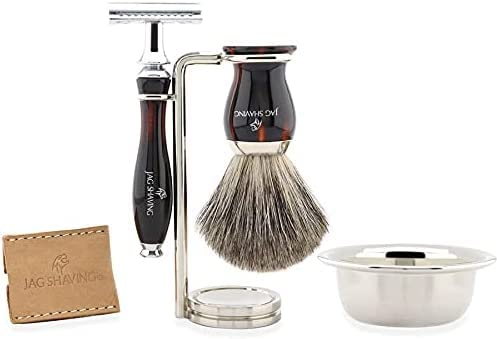 Męski zestaw do golenia z Double Edge Razor stojak na pędzle do golenia z prawdziwego włosia borsuka i miseczka do golenia – elegancki zestaw pędzli do golenia Jag Shaving