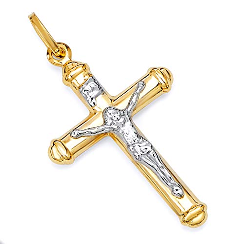 Wellingsale 14K Two 2 Tone White And Yellow Gold Polished Religious Catholic Crucifix Charm Pendant #TOP25