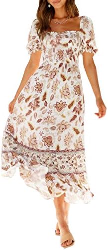 ZESICA Women's 2023 Summer Boho Floral Print Square Neck Ruffle Swing Beach Long Maxi Dress,Ivory,Small