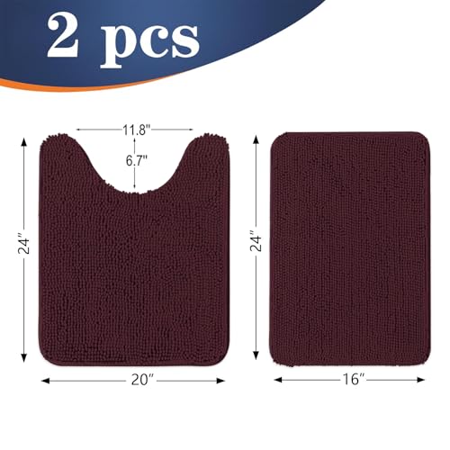 Image of OLANLY Bathroom Rugs Sets 2 Piece, Soft Absorbent Chenille Bath Mats and U-Shaped Contour Toilet Mat Area Rug Set, Machine Washable Bath Carpet, Home Decor Accessories(24 inchx16 inch+24 inchx20 inch, Black Cherry)