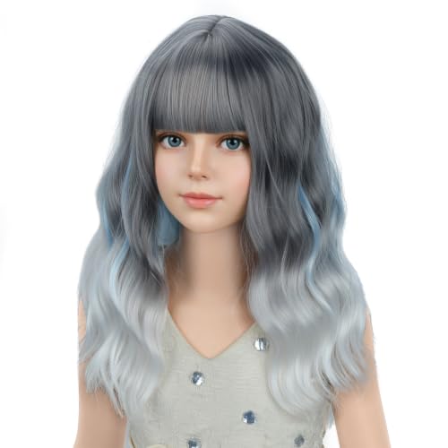 Image of PATTNIUM Girls Gray Ombre White Short Wavy Curly Wig with Bangs Kids Grey Ombre Bob Wigs Synthetic Halloween Costume Cosplay Party Wigs