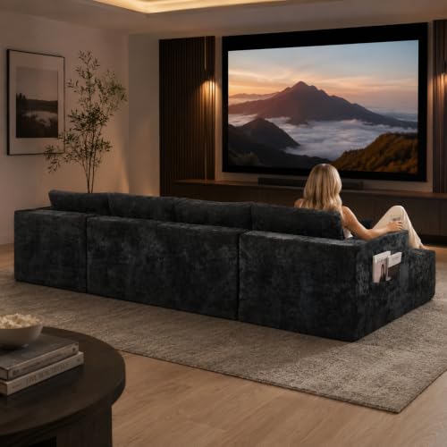 Image of KCGKCG 132 inch U Shaped Chenille Cloud Couch - No Assembly Required, Black