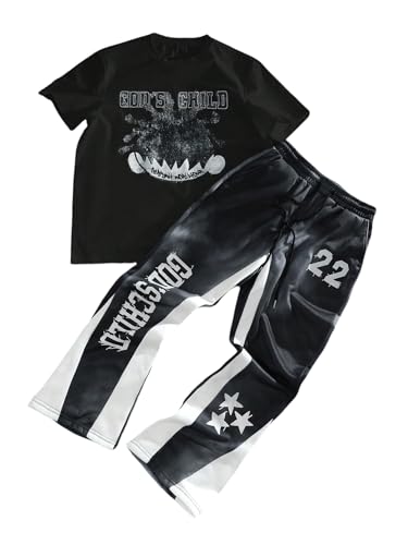 VIPWOLF Mens 2 Piece Outfits Short Sleeve Letter Graphic Tees and Drawstring Flared Sweatpants Tracksuits Set Black Colorblock Large