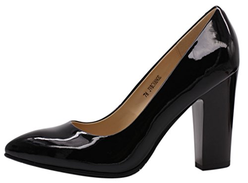 Women's Chunky Heel Closed Pointed Toe Patent Leather Dress Pumps Shoes3