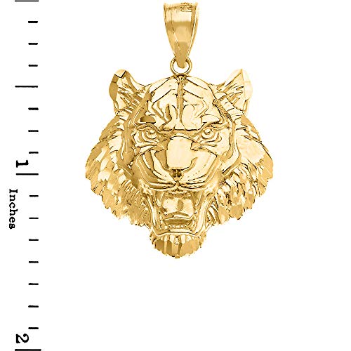 Claddagh Gold - Fine 10k Yellow Gold Roaring Tiger Head Animal Necklace Pendant, 1.31"2