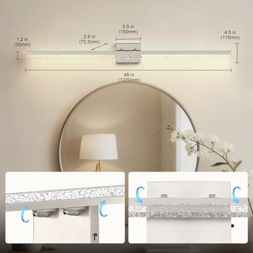 Image of L LOHAS LED 48-Inch Bathroom Vanity Light Bar Over Mirror, Nickel Modern Bathroom Light Fixtures with Bubbled Acrylic Shade, 3CCT Adjustable LED Vanity Lights for Living Room Wall
