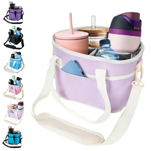 4 Compartment Drink Bag Insulated Tote Bag & Drink Carrier with Shoulder Strap Collapsible 4-Cup Caddy Tip-Resistant Water Bottle Holder for Travel Delivery & Car (Light Purple)