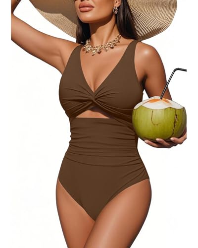 Image of Tempt Me Women One Piece Swimsuits Tummy Control Cutout Bathing Suits Ruched V Neck Twist Front Swimwear