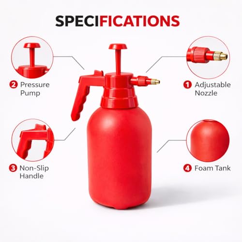 Image of MIKANIX Manual Pressure Spray Bottle for Gardening & Cleaning | Hand Pump Water Sprayer with Adjustable Nozzle | Multipurpose Plant Mister for Indoor & Outdoor (2L, RED)