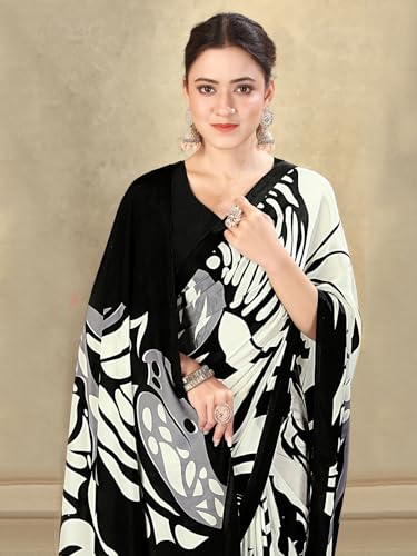 Image of SIRIL Women's Crepe Silk Printed Saree with Unstitched Blouse Piece