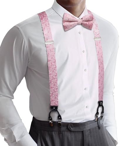 Image of YOHOWA Men Suspenders 6 Clips Strength Adjustable Y Braces Pre-Tied Bow Tie Set Formal Wedding Party