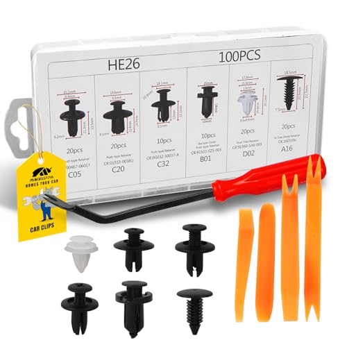 MIKKUPPA 100 Stück Universal Befestigungsclips Auto Clips Set mit Zierleistenkeile Hebelwerkzeug, Kunststoffnieten Befestigungssatz mit Demontage Werkzeuge, 6 Arten Stoßstangen Spreiznieten Clips