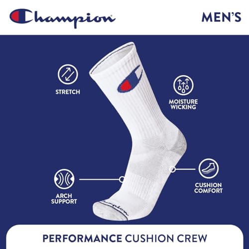Image of Champion Men's Cushioned Crew Socks 5-Pack - Moisture-Wicking Athletic Crew Socks with Arch Support (Sizes 6-12)