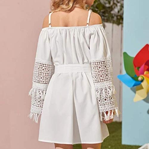 SHIBAOZI Vestido de verão com franja vazada meia manga e alça de ombro ajustável, Branco, 11-12 anos