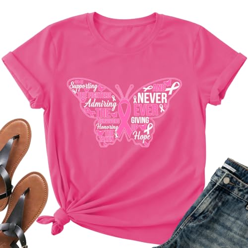 Image of Breast Cancer Survivor Butterfly Shirt for Women-Pink Ribbon Short Sleeve | With Hope Slogan Print Tee Top Ideal for Breast Cancer Group Uniform for Awareness Month & Survivor Memorial Gathering