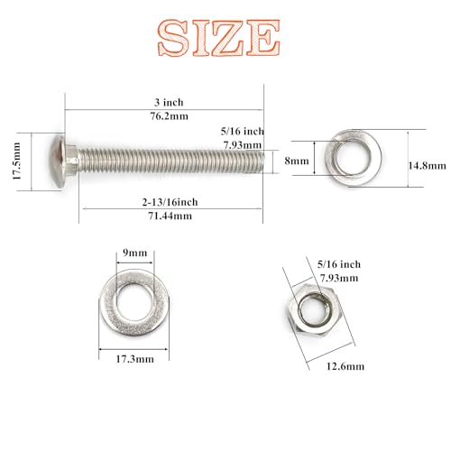 Image of 8 Sets 5 /16 inch-18 x3 Carriage Bolts Round Head Square Neck Screws with Hex Nuts Flat Washers Spring Lock Washers 304 Stainless Steel Full Thread Coverage Square Neck Bolts Assortment Kit