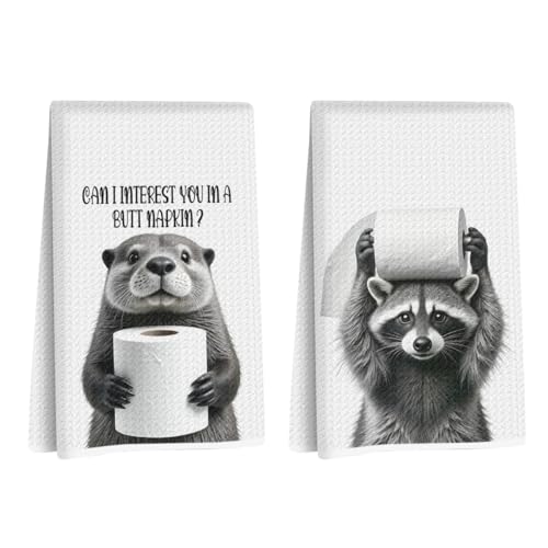 Image of Hanamiya Na 2Pcs Funny Raccoon Hand Towel for Bathroom 24x14 Inch, Humorous Raccoon Toilet Paper Absorbent Dish Cloth Towel, Waffle Hand Towels for Kitchen Toilet Home Bathroom, Raccoon Gifts
