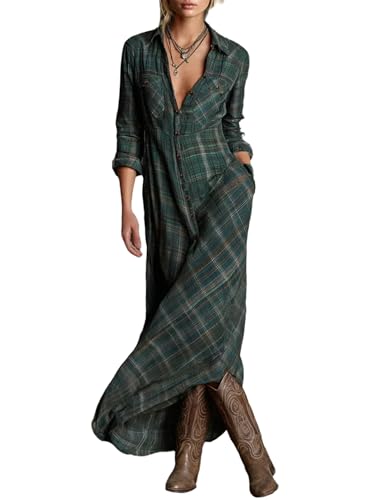 cffdviz Damen Hemdkleid Mit Knöpfen Langärmlig Reverskragen Kariertes Muster Country Maxi Kleid,Grün,M