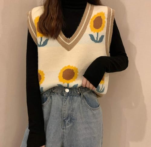 Image of Lunoakvo Women Pink Peach Flower Embroidery Knitted Sleeveless O-Neck Knitwear Sweater Vest