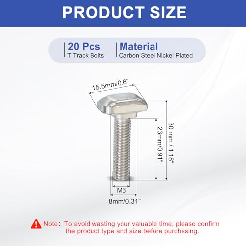 Image of PATIKIL M6 x 25 mm Thread T-Slot Bolts, 20 Pcs Drop-in Bolt Hammer Head T-Bolt Standard 8 mm Sliding Screw Stud for 30 Series Aluminum Extrusion Profile, Silver