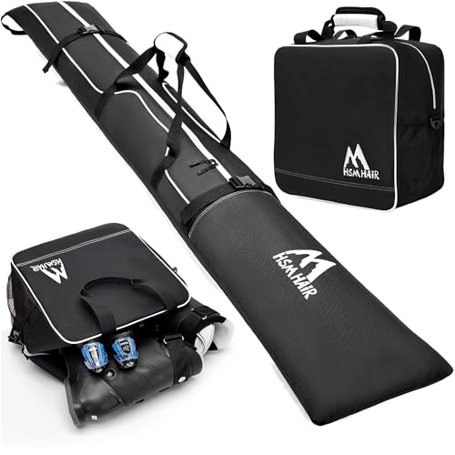 Hsmihair Ski Bag and Boot Bag Combo,Padded Ski Bag Set for Air Travel,Snow Ski Bags for Adults,Water- resistant Ski Boot Bag Fits for Skis Up to 200 CM and Boots Up To Size US13 (Black)