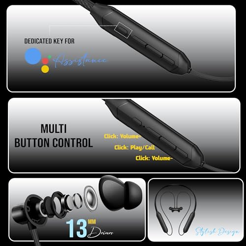 Image of Kratos Black Bluetooth Neckband with 55 Hrs Playtime, Deep Bass, Stereo Sound, HD Calls, Magnetic Earbuds, Voice Assistant, Type-C Charging, Rich Audio, Hollow Switch for Comfort & Style