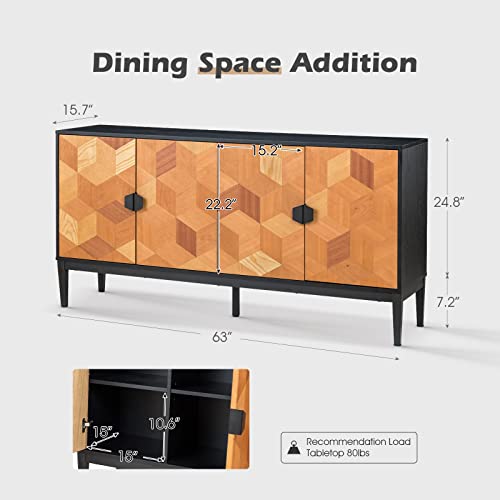 Hulala Home 63" Sideboard Buffet Cabinet, Kitchen Storage Cabinet With Removable Shelves & 4 Doors, Cupboard Console Table Accent Cabinet For Hallway, Dining Room, Black #TOP1