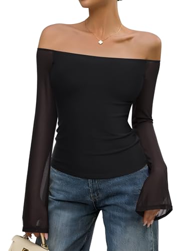 REORIA Off The Shoulder Tops for Women Tube Double Lined Mesh Going Out Shirts 2025 Fall Fashion Trendy Tops