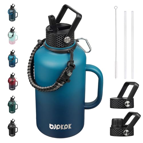 Image of BJPKPK Half Gallon Insulated Water Bottles with Straw Lid & Side Handle, 64oz Large, Stainless Steel Water Bottles with 3 Lids and Paracord Strap, Metal Water Jug,Vast