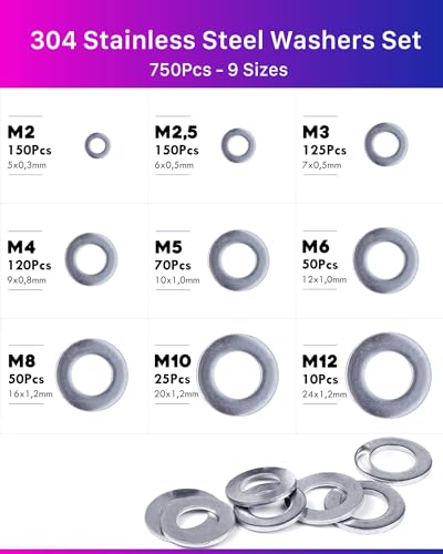 ANVINKU Unterlegscheiben Set, 750 Stück Flach Unterlegscheiben Edelstahl, 9 Größen Beilagscheiben Sortiment, Edelstahl Unterlegscheiben für Schrauben, Unterlegscheibe M2 M2.5 M3 M4 M5 M6 M8 M10 M12